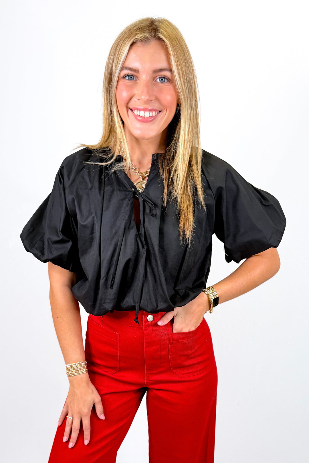 KARLIE: BLACK POPLIN BUBBLE 1/2 SLEEVE TOP