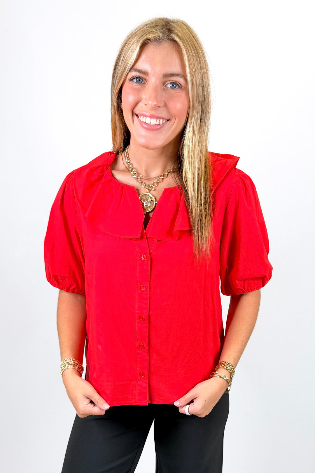 RED COLLAR DETAIL BUTTON FRONT TOP