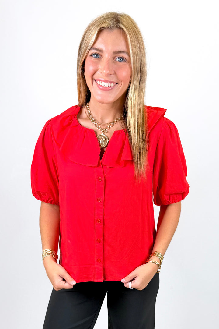 RED COLLAR DETAIL BUTTON FRONT TOP