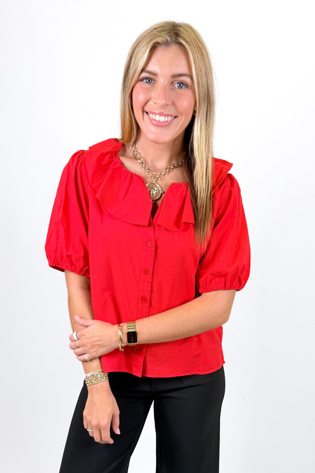 RED COLLAR DETAIL BUTTON FRONT TOP