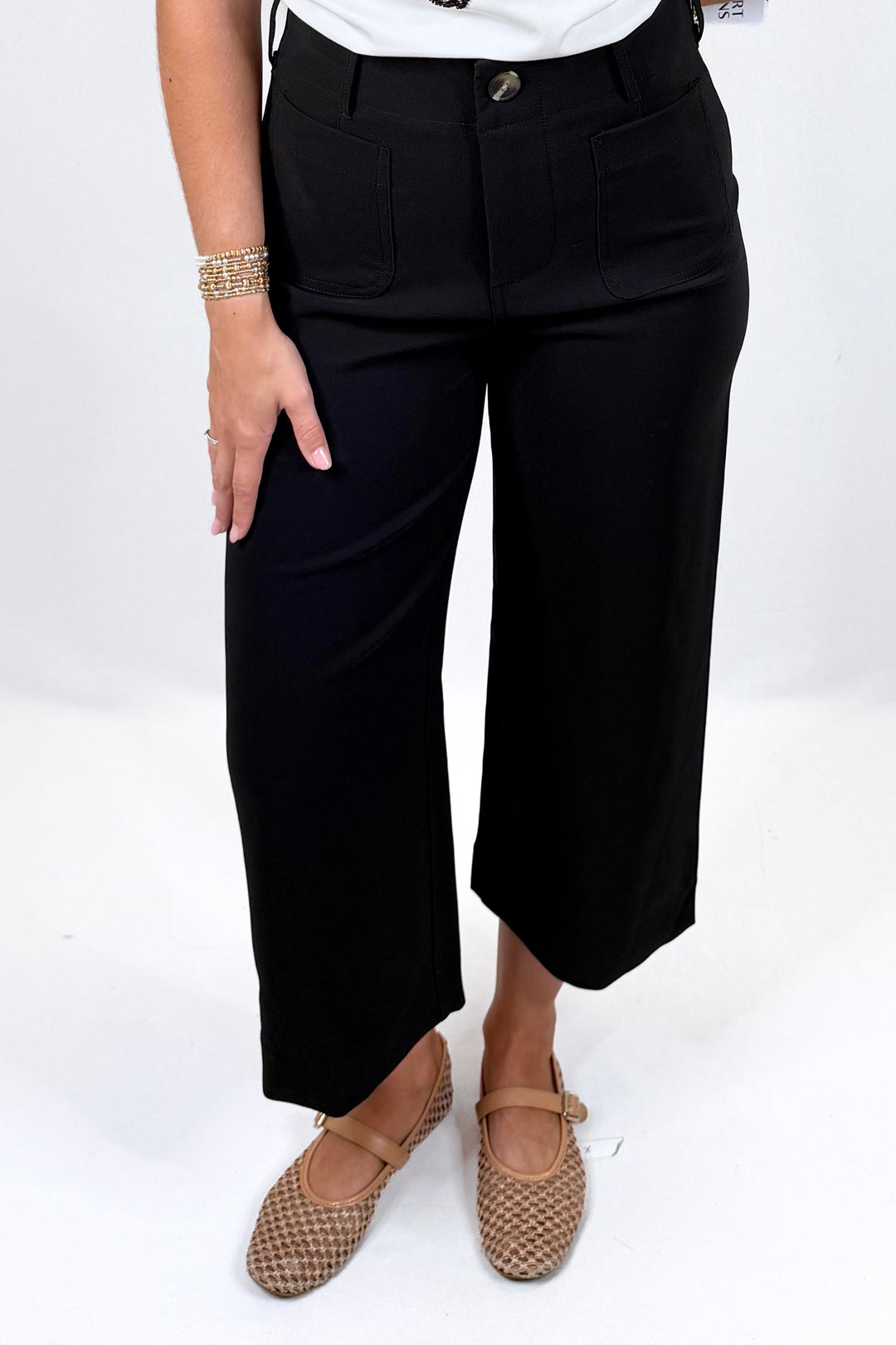 BLACK PATCH POCKET WIDE LEG PANTS
