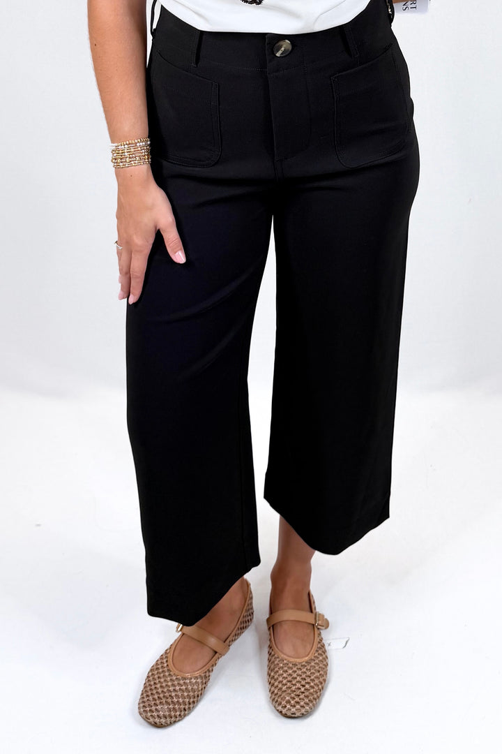 BLACK PATCH POCKET WIDE LEG PANTS