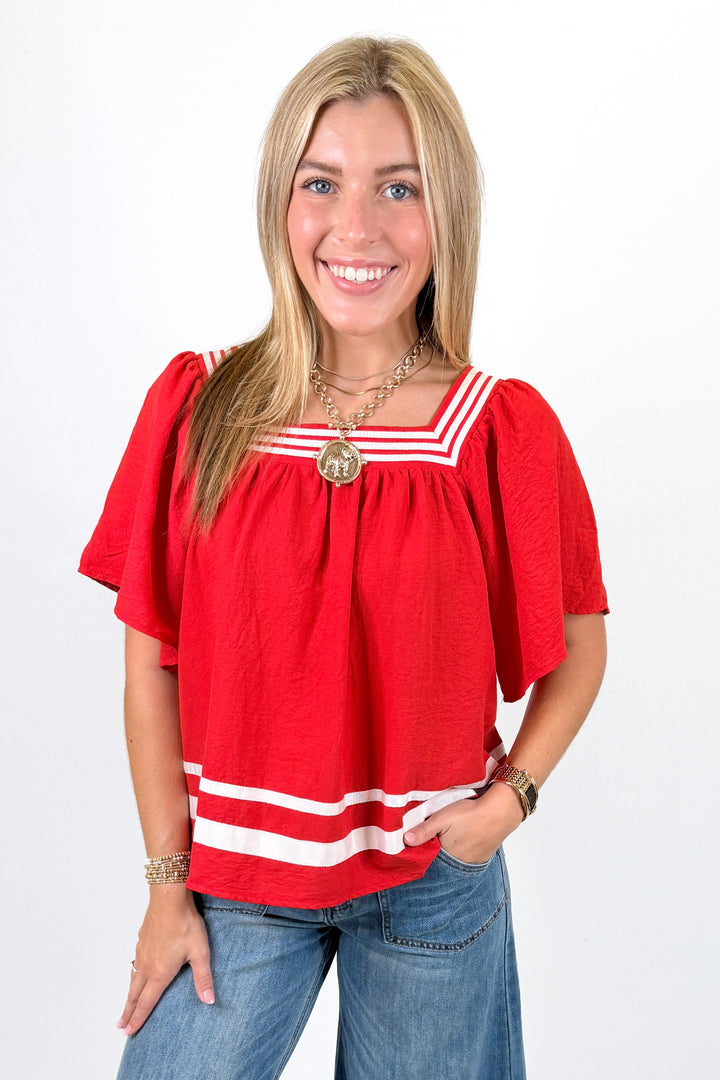 RED & WHITE TRIM SQUARE NECK TOP