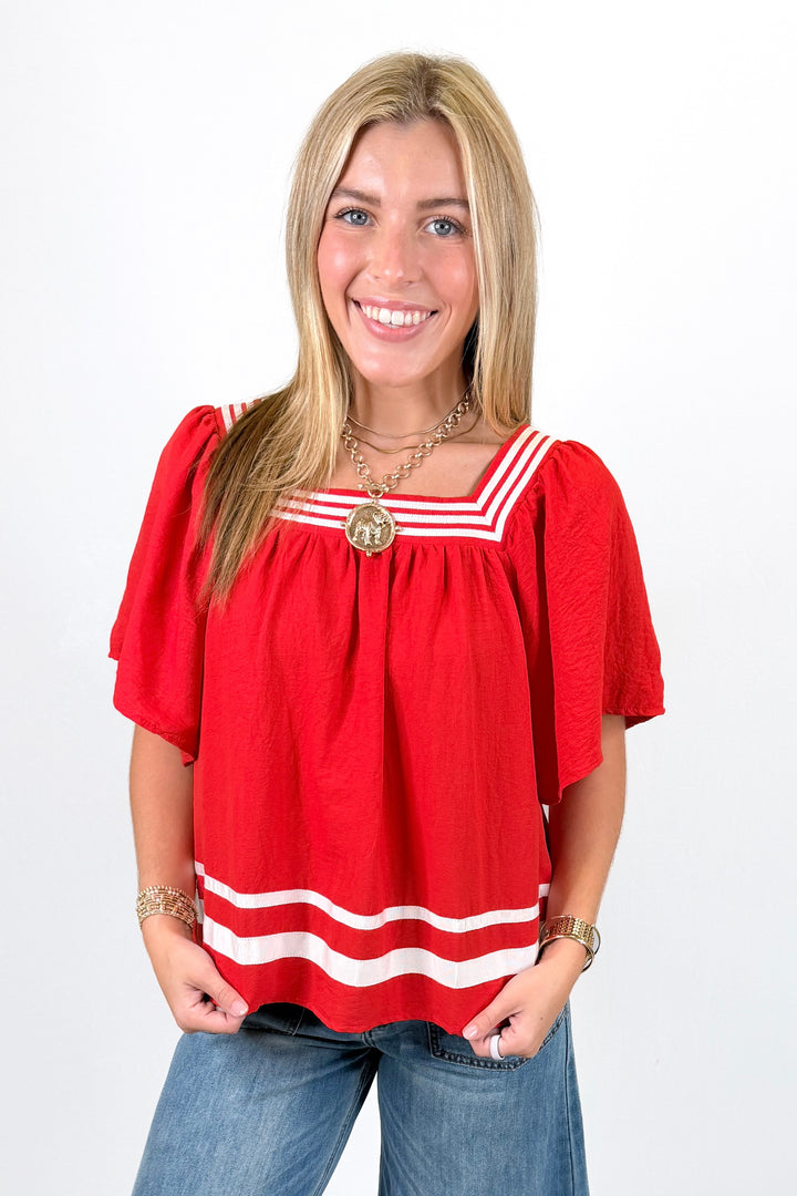 RED & WHITE TRIM SQUARE NECK TOP