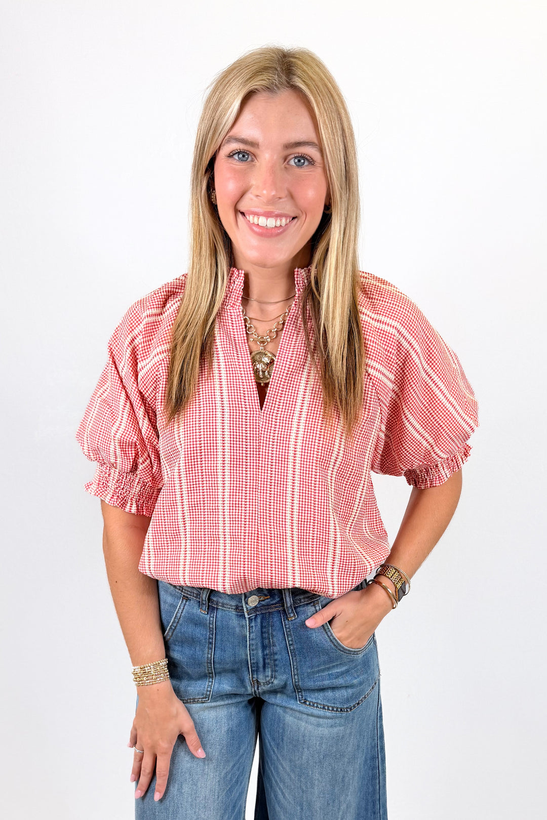 RED STRIPE ELASTIC CUFF PUFF SLEEVE TOP