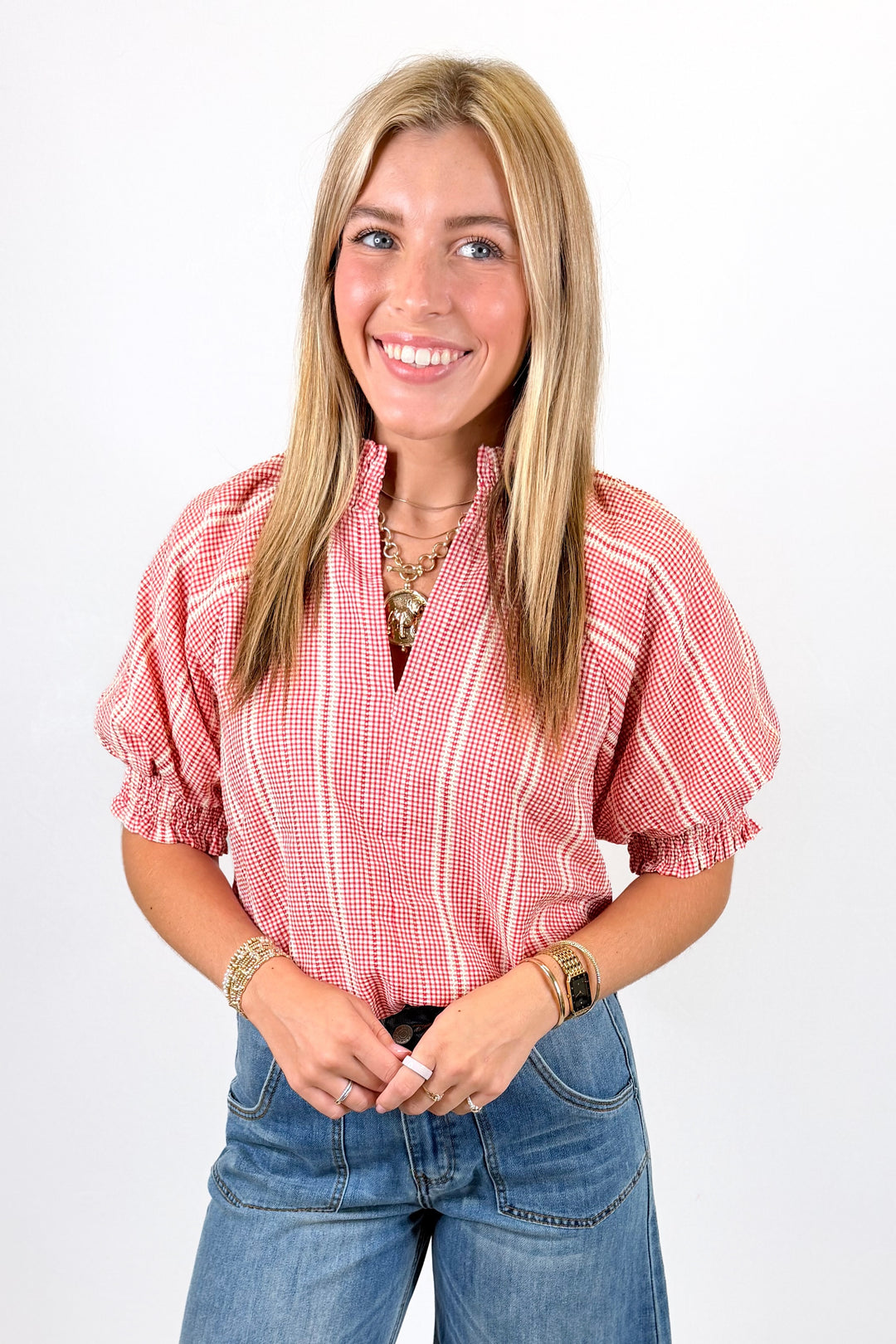 RED STRIPE ELASTIC CUFF PUFF SLEEVE TOP