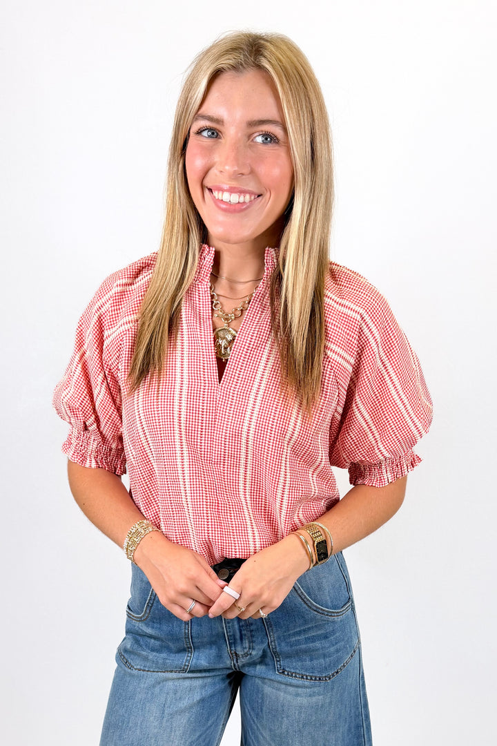 RED STRIPE ELASTIC CUFF PUFF SLEEVE TOP