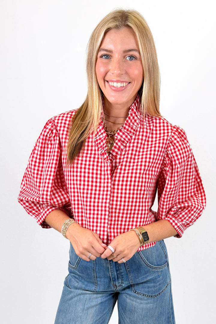 HOLLY SHAE: LAURA TOP | CRIMSON & WHITE GINGHAM