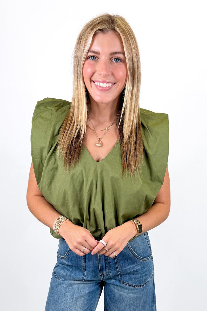 KARLIE: OLIVE POPLIN SLEEVELESS BUBBLE TOP