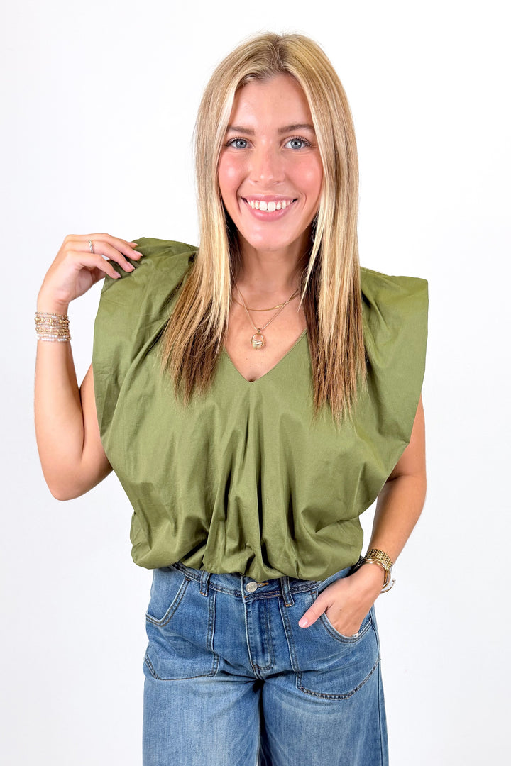 KARLIE: OLIVE POPLIN SLEEVELESS BUBBLE TOP