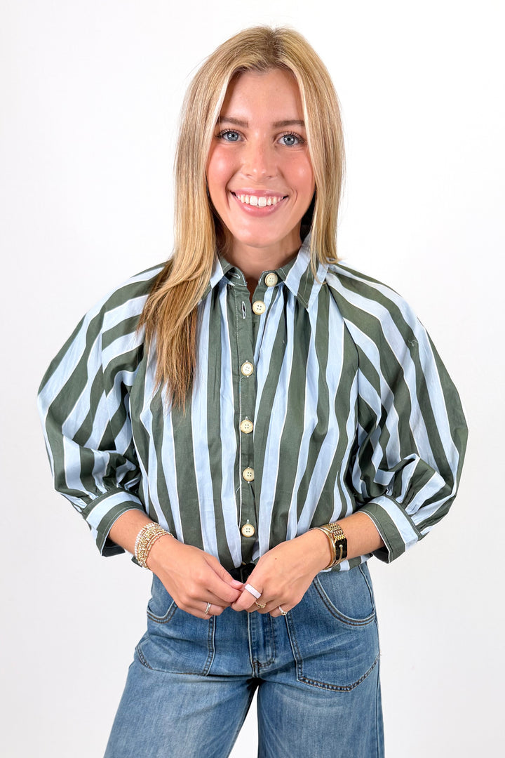 KARLIE: BLUE STRIPE COLLAR BUBBLE 3/4 SLEEVE TOP