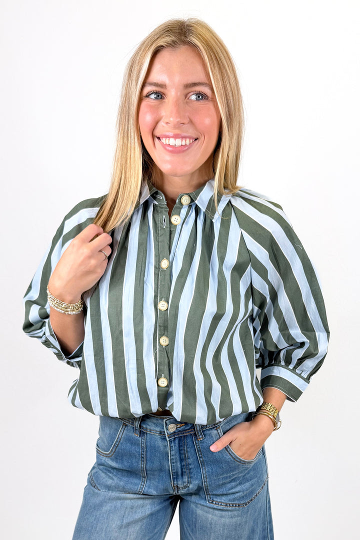 KARLIE: BLUE STRIPE COLLAR BUBBLE 3/4 SLEEVE TOP