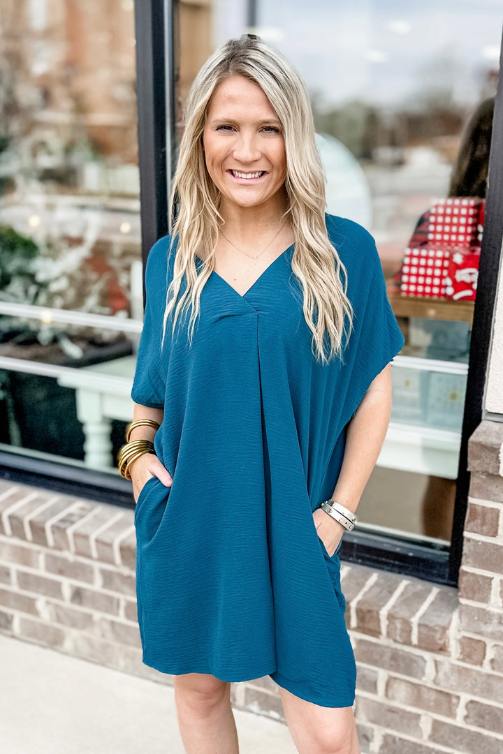 TEAL RELAXED VNECK DRESS