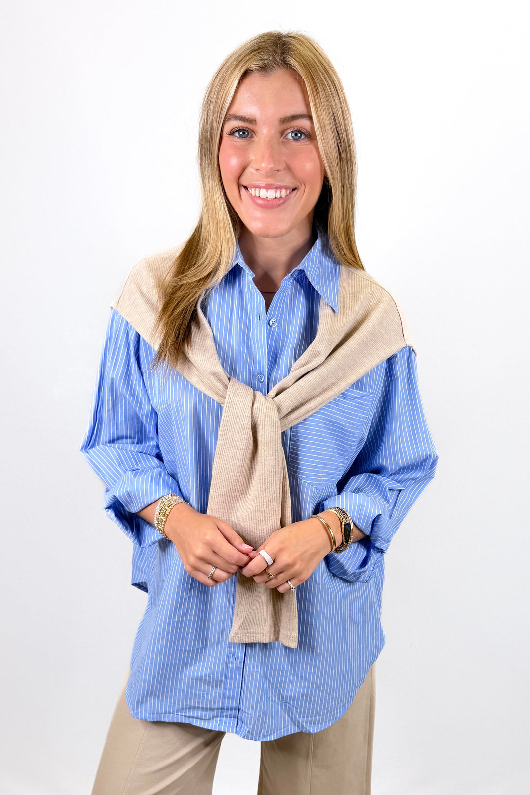 KARLIE: BLUE HAILEY STRIPE POPLIN SWEATER BUTTON UP TOP