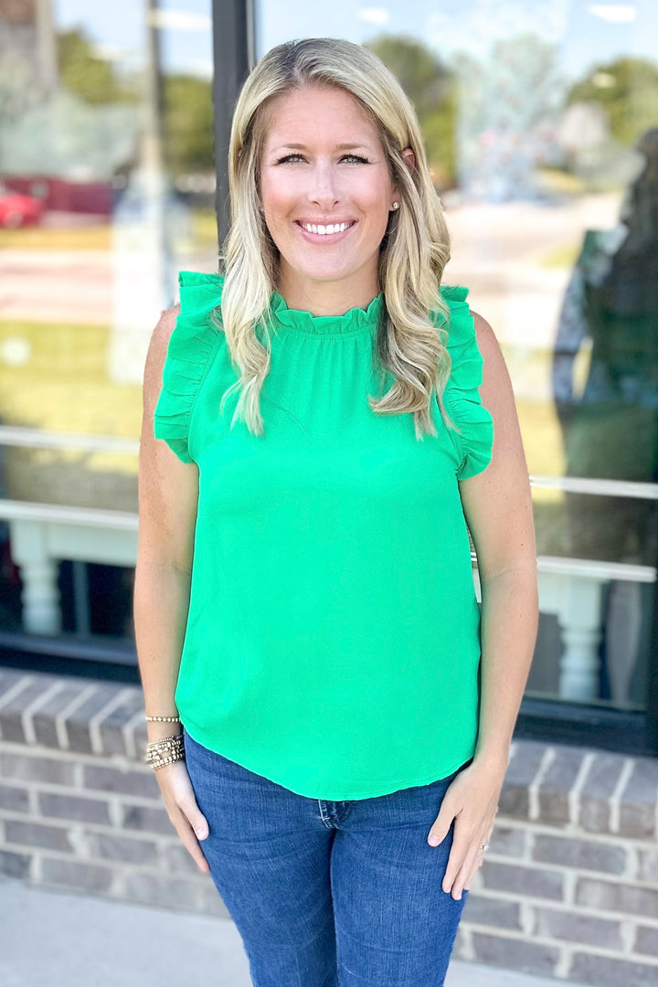 GREEN RUFFLE SLEEVELESS TOP