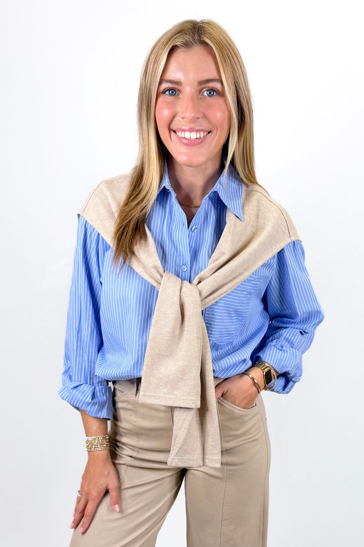 KARLIE: BLUE HAILEY STRIPE POPLIN SWEATER BUTTON UP TOP