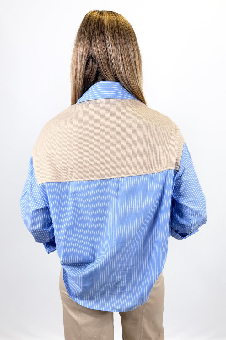 KARLIE: BLUE HAILEY STRIPE POPLIN SWEATER BUTTON UP TOP