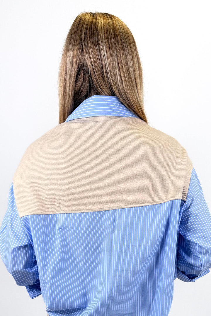 KARLIE: BLUE STRIPE POPLIN HAILEY MAXI SHIRT DRESS WITH SWEATER