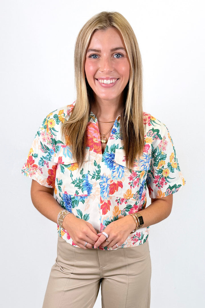 KARLIE: IVORY FLORAL DENIM POCKET TOP