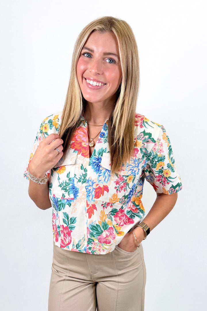 KARLIE: IVORY FLORAL DENIM POCKET TOP