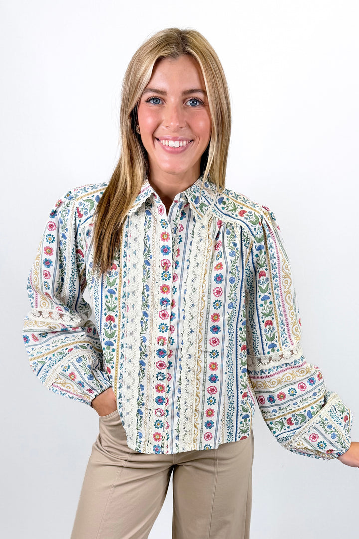 KARLIE: IVORY FRENCH COTTAGE FLORAL BUTTON UP TOP