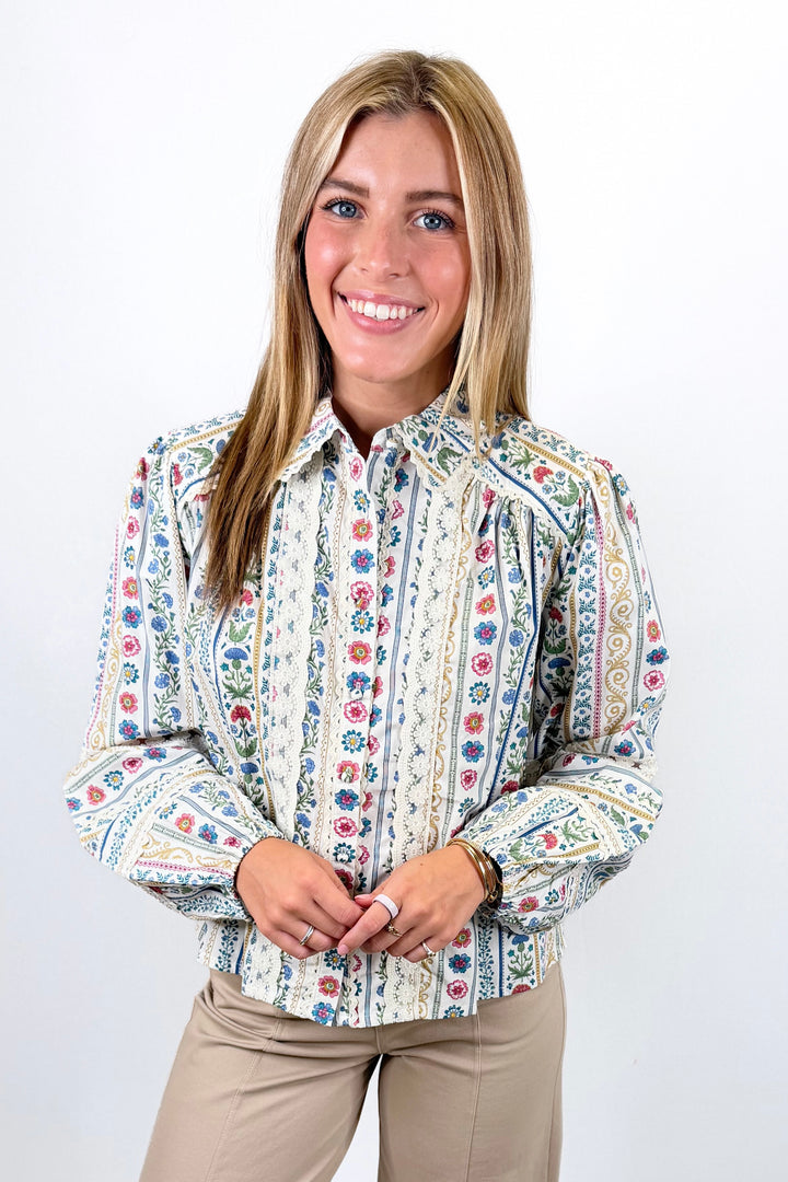 KARLIE: IVORY FRENCH COTTAGE FLORAL BUTTON UP TOP