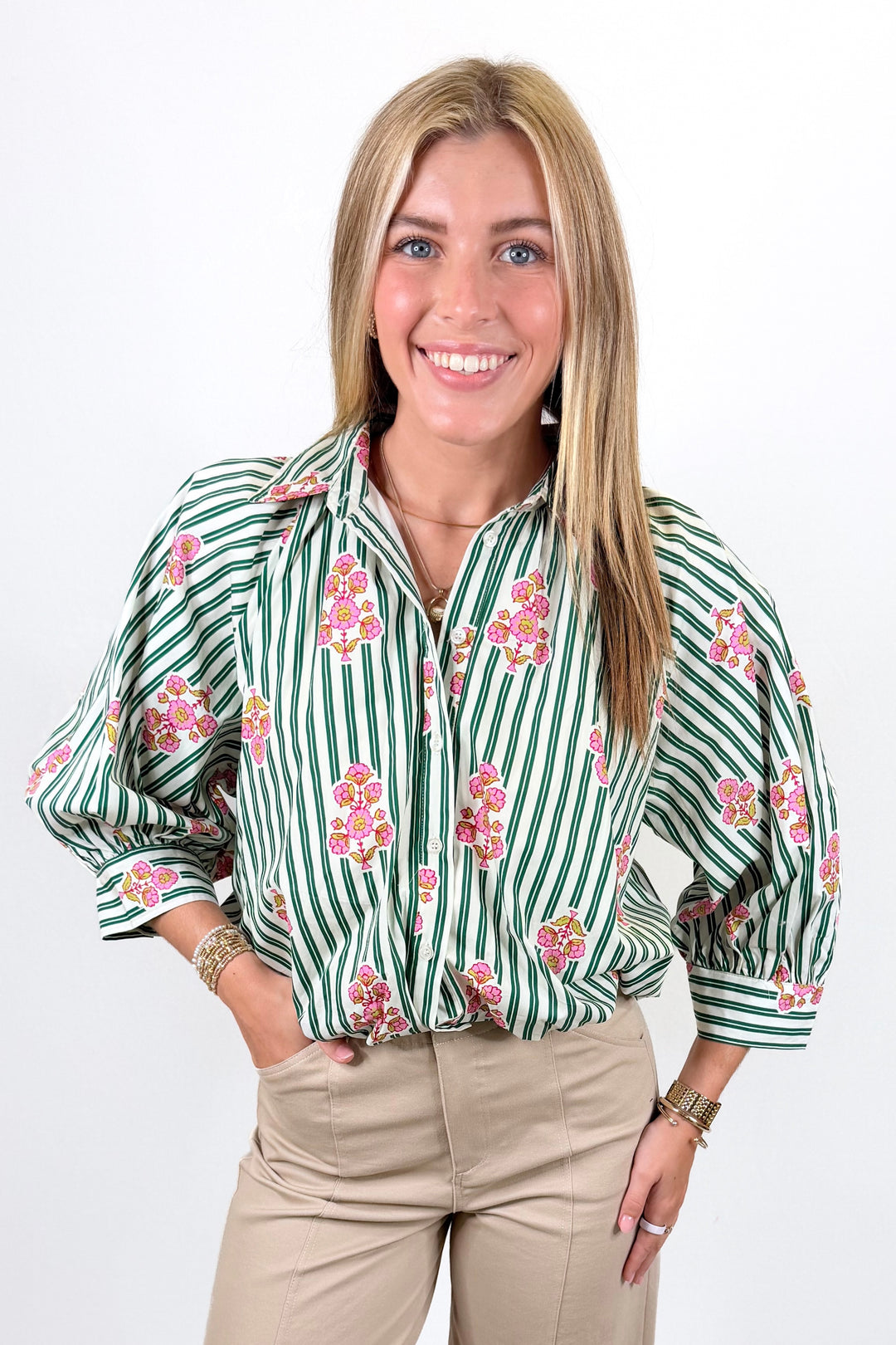 KARLIE: DARK GREEN STRIPE FLORAL BUBBLE TOP
