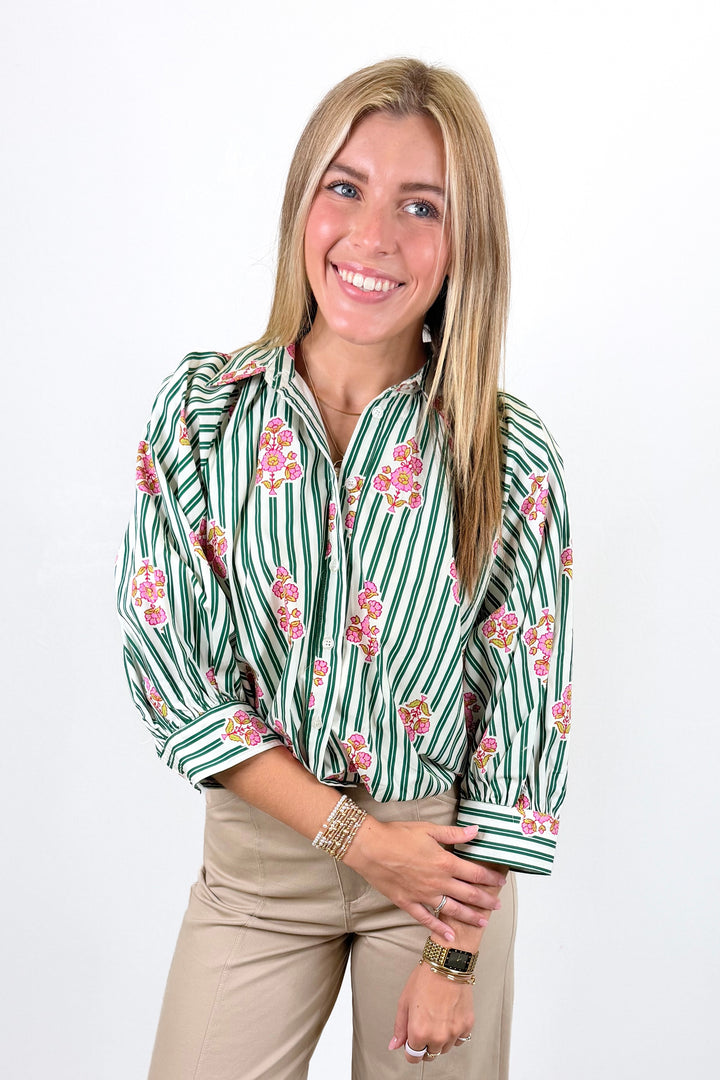 KARLIE: DARK GREEN STRIPE FLORAL BUBBLE TOP