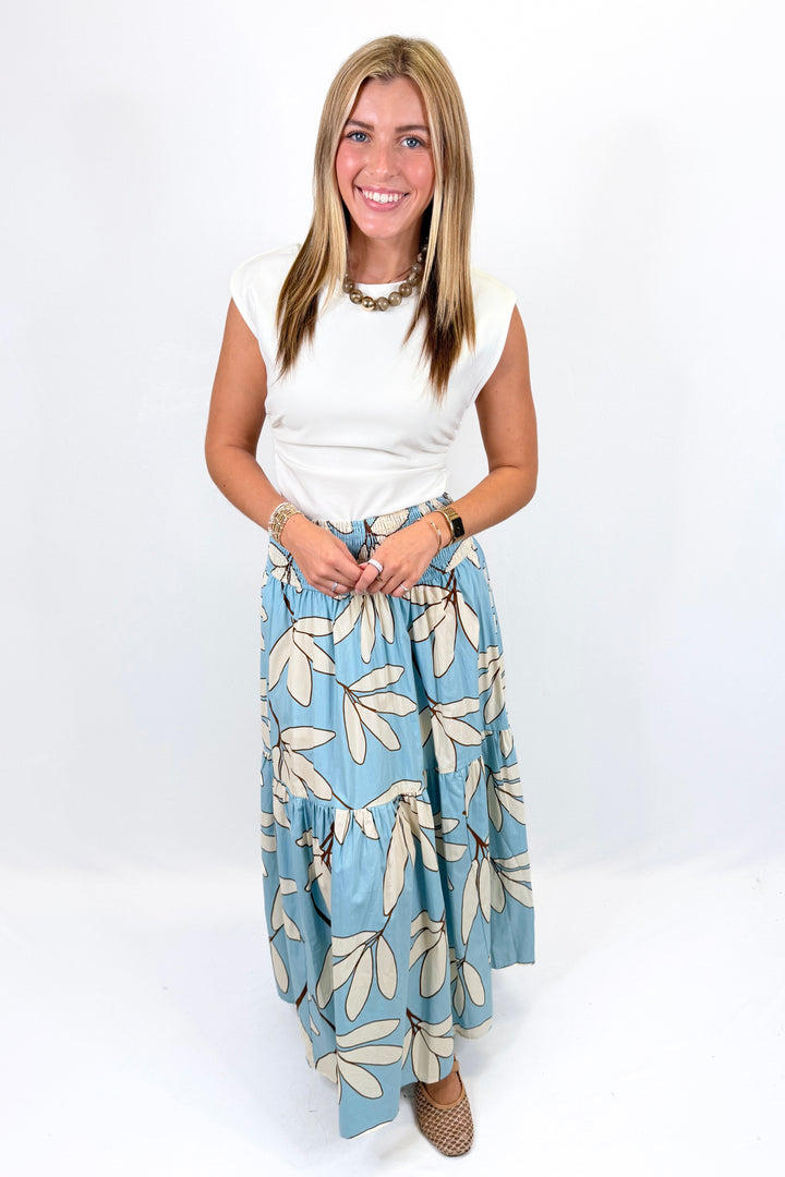 KARLIE: BLUE PALM LEAF FLORAL SMOCK TIER MAXI SKIRT