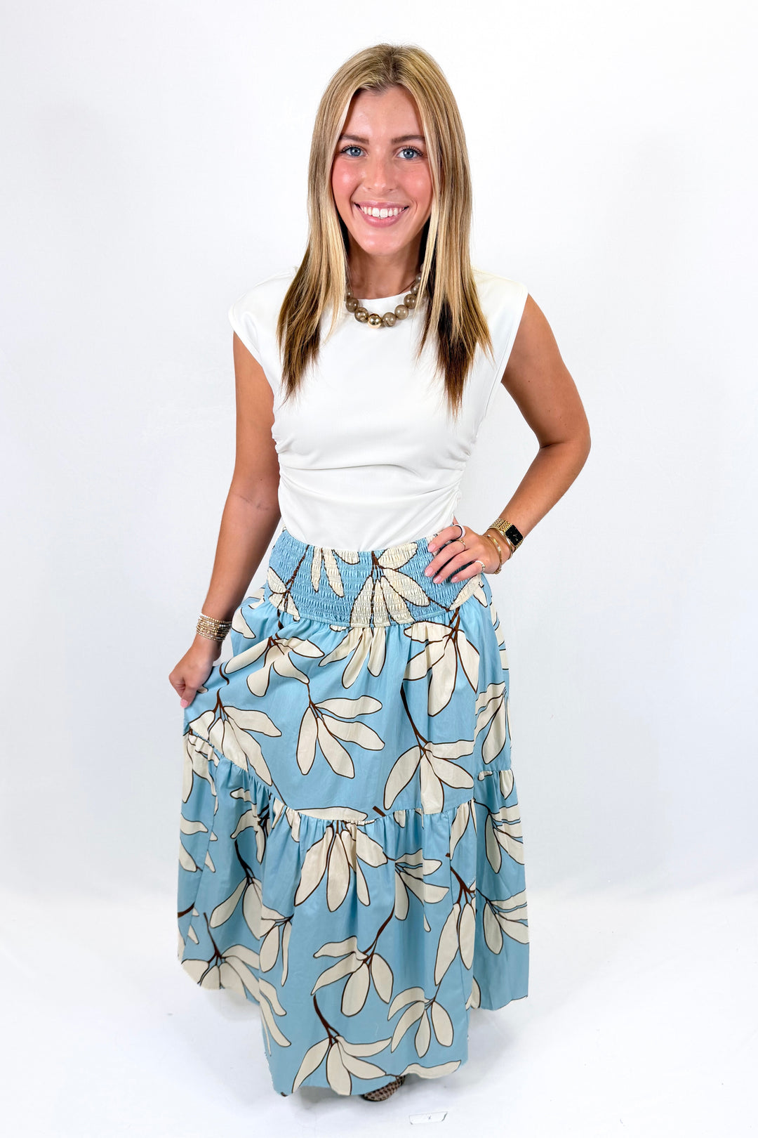 KARLIE: BLUE PALM LEAF FLORAL SMOCK TIER MAXI SKIRT