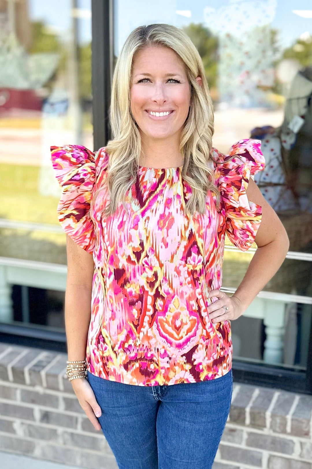PINK ABSTRACT PRINT FLUTTER SLEEVE TOP