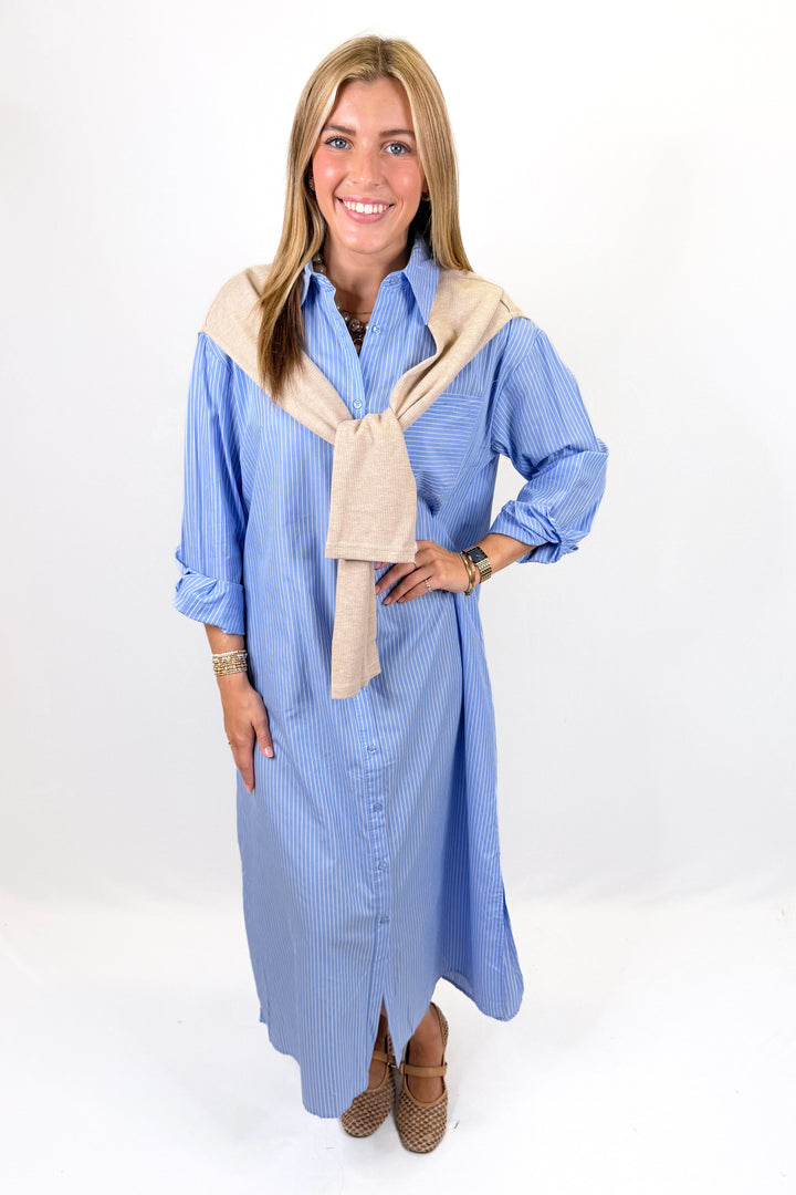 KARLIE: BLUE STRIPE POPLIN HAILEY MAXI SHIRT DRESS WITH SWEATER