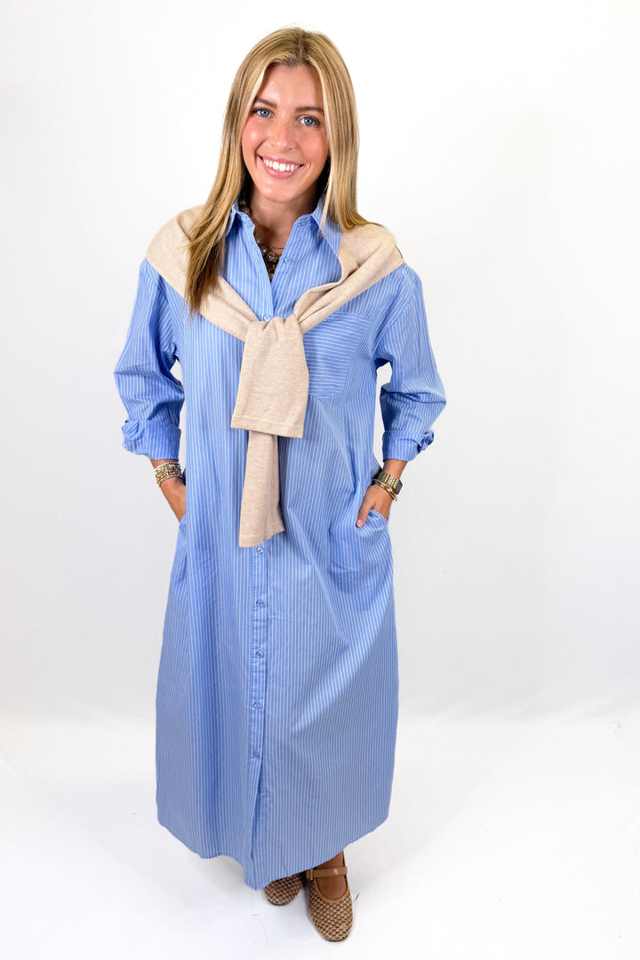 KARLIE: BLUE STRIPE POPLIN HAILEY MAXI SHIRT DRESS WITH SWEATER