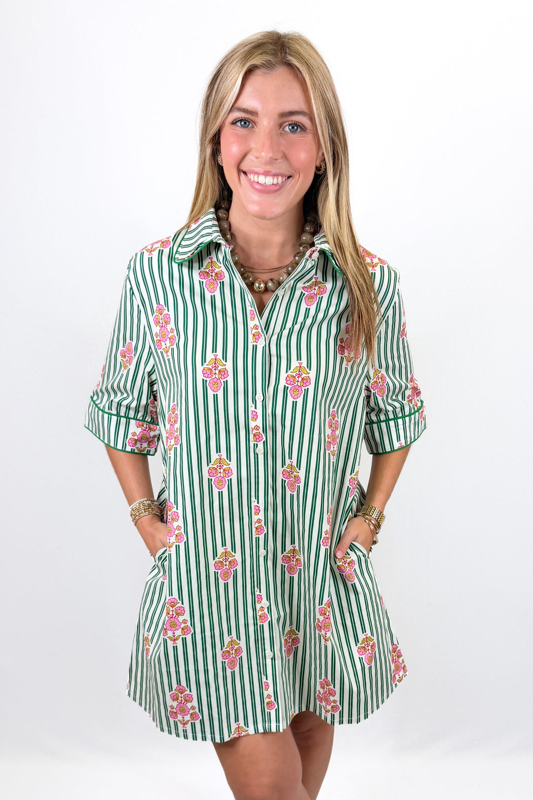 KARLIE: DARK GREEN STRIPE FLORAL SHIRT DRESS WITH CONTRAST PIPING