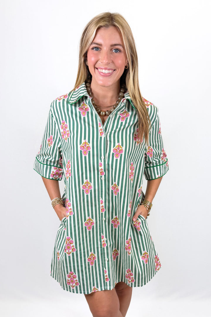 KARLIE: DARK GREEN STRIPE FLORAL SHIRT DRESS WITH CONTRAST PIPING