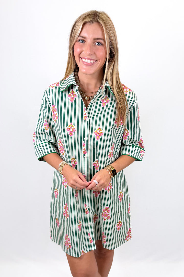 KARLIE: DARK GREEN STRIPE FLORAL SHIRT DRESS WITH CONTRAST PIPING