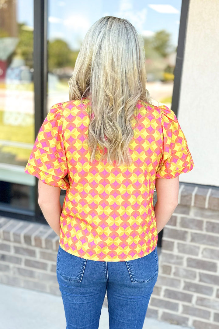 YELLOW & PINK PRINTED PUFF SLEEVE TOP