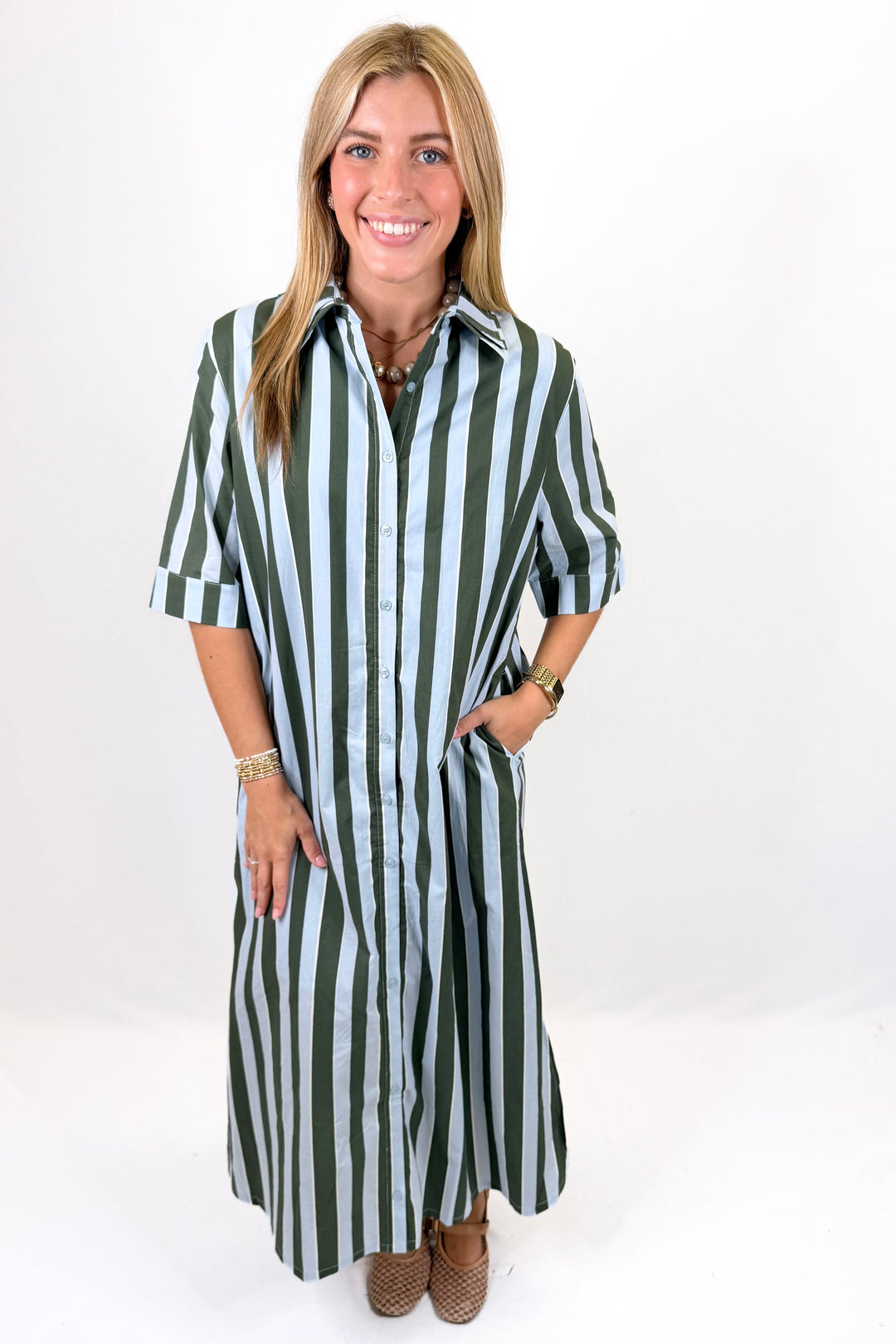 KARLIE: BLUE BOLD STRIPE MAXI SHIRT DRESS