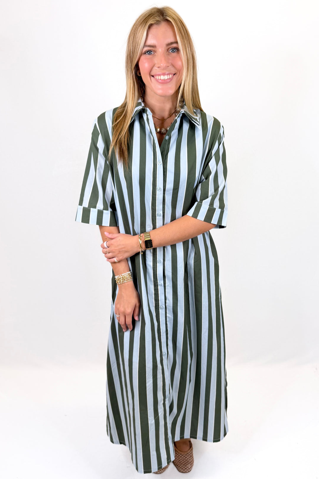 KARLIE: BLUE BOLD STRIPE MAXI SHIRT DRESS