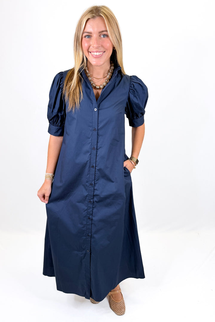KARLIE: NAVY POPLIN RUFFLE NECK MAXI SHIRT DRESS