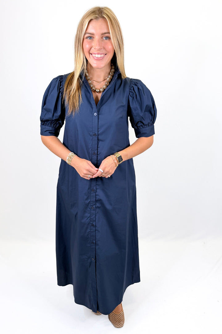 KARLIE: NAVY POPLIN RUFFLE NECK MAXI SHIRT DRESS