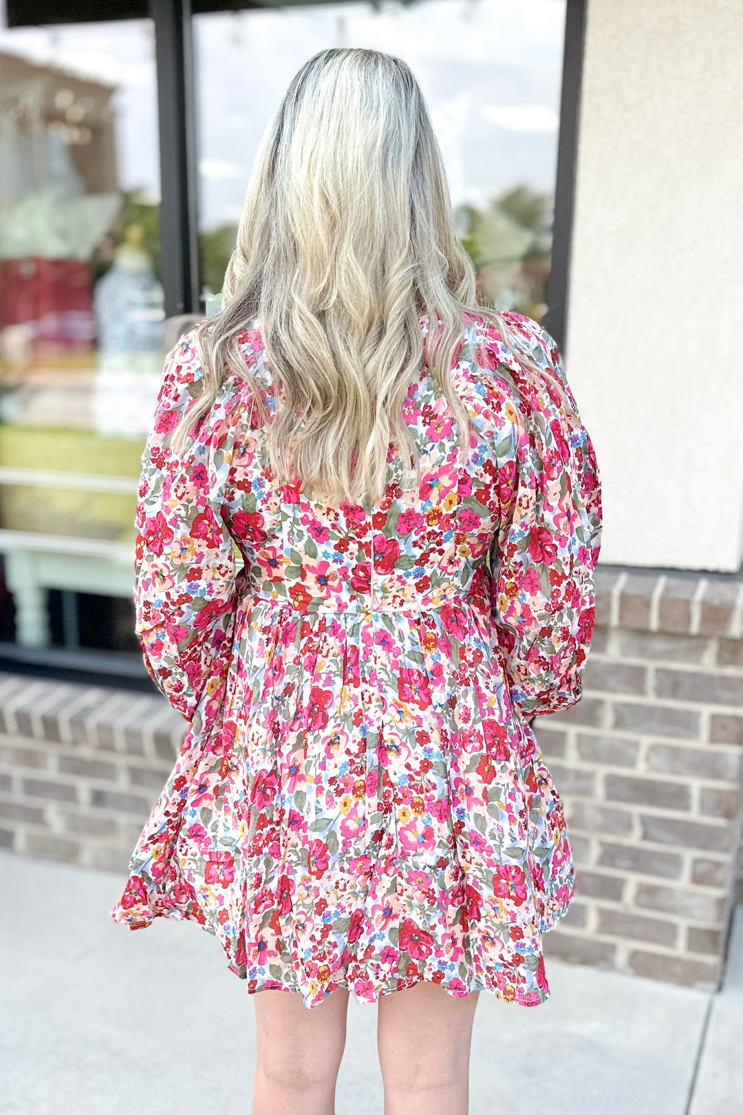 PINK FLORAL 3/4 PUFF SLEEVE DRESS