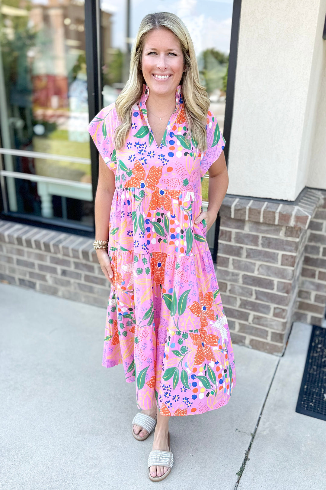 PINK FLORAL FRILL NECK TIERED MIDI DRESS