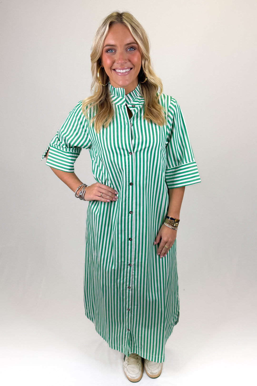 Green and white vertical stripe button-front midi dress with collar detail and cuffed sleeves