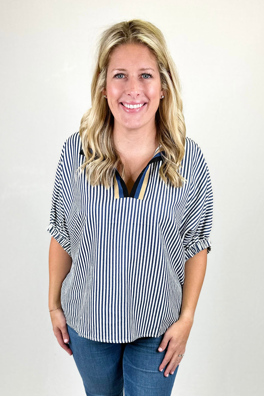 NAVY STRIPE VNECK DOLMAN SLEEVE TOP