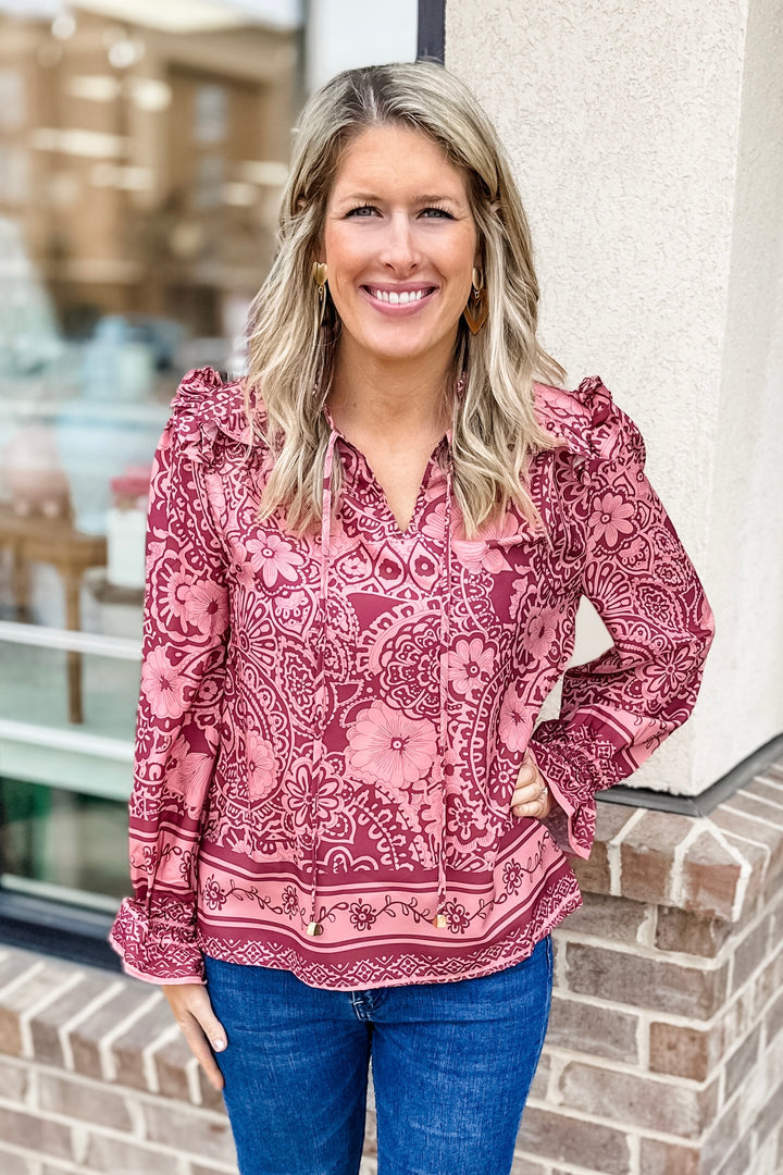 MAUVE FLORAL & BORDER PRINT TOP