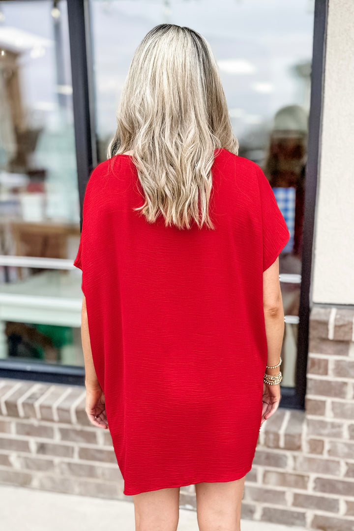 RED RELAXED VNECK DRESS
