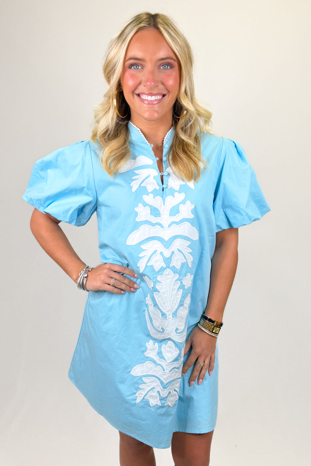 Light blue women’s shift dress with white embroidered appliqué design and puff sleeves