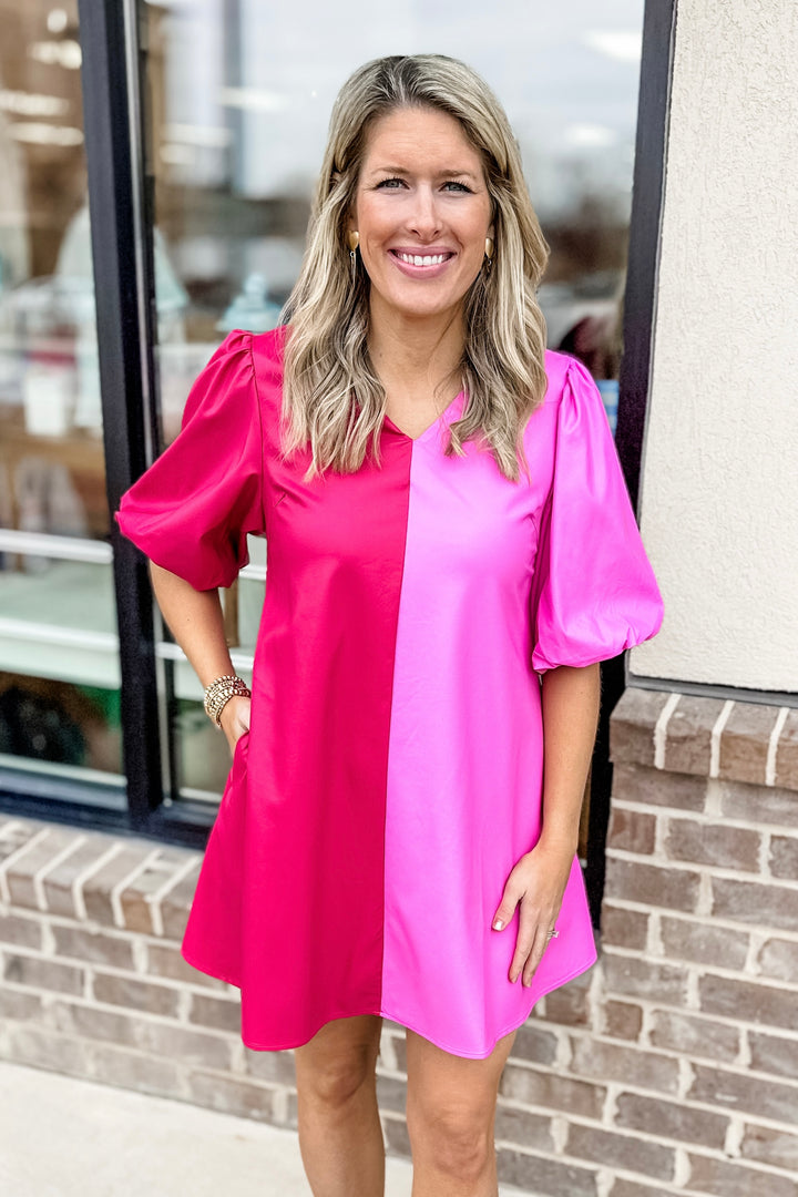 PINK & FUCHSIA FAUX LEATHER COLOR BLOCK DRESS
