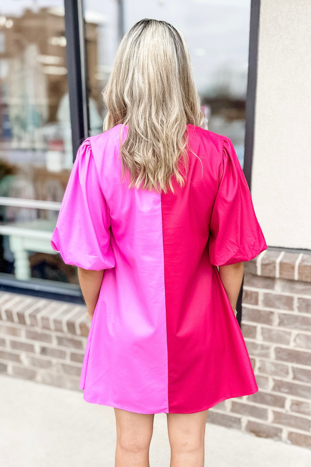 PINK & FUCHSIA FAUX LEATHER COLOR BLOCK DRESS